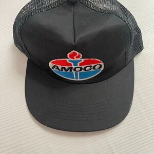 VTG AMOCO Oil Embroidered Black Unitog Mesh Snapback Trucker Hat One Size USA